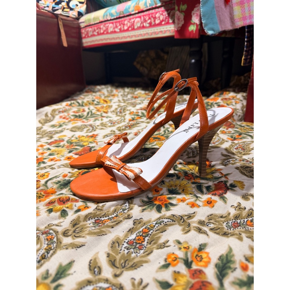 Y2K Two Lips Orange Leather Bow Ankle Strap Stiletto Sandals Size 8.5 M Brazil